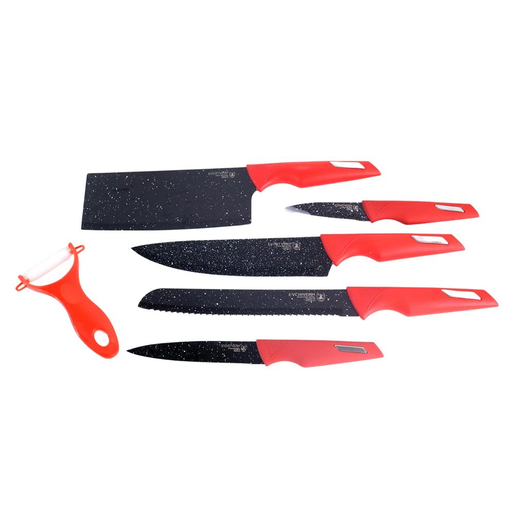 Kitchen Knife Set with Marble Coated Blades, Red Handles (6 Pc)
