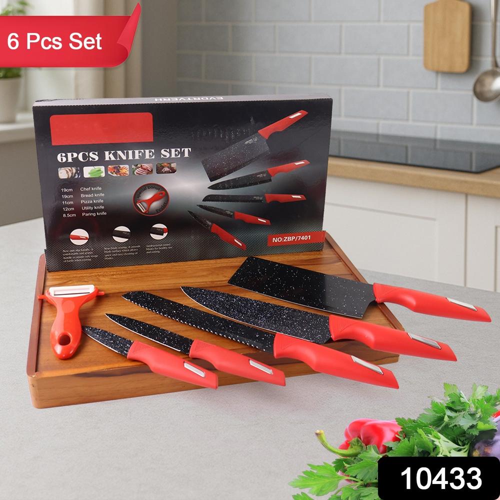 Kitchen Knife Set with Marble Coated Blades, Red Handles (6 Pc)