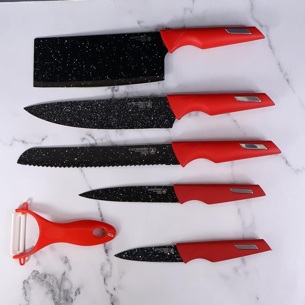Kitchen Knife Set with Marble Coated Blades, Red Handles (6 Pc)