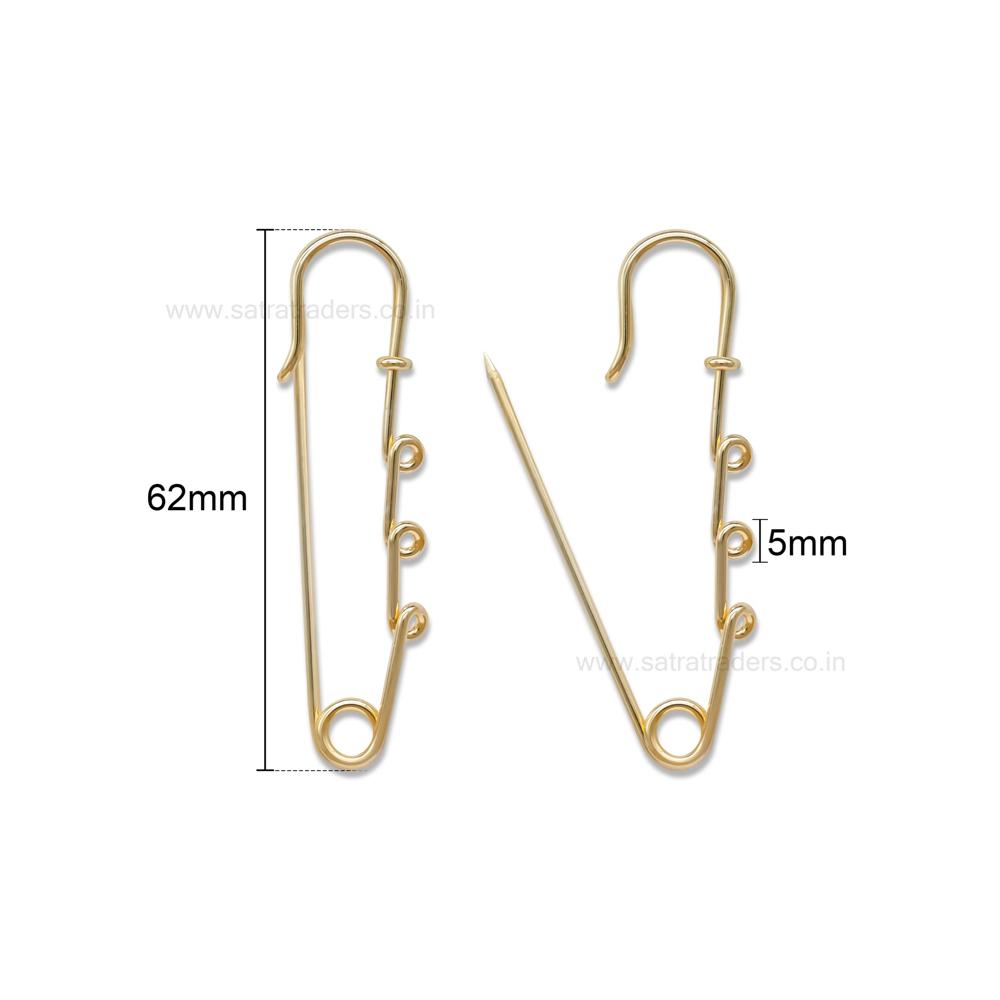 Safety Brooches Pins With 3 Loops | Size : 60mm | Qty : 6pcs | Bp17 - Material: Metal