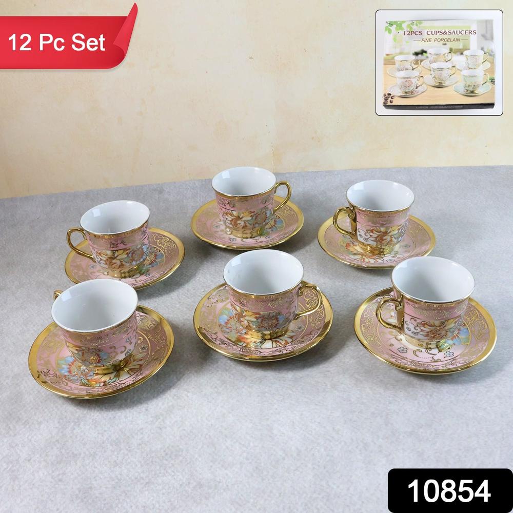 Premium Floral Porcelain Tea Cup and Saucer Set (12 Pc Set)