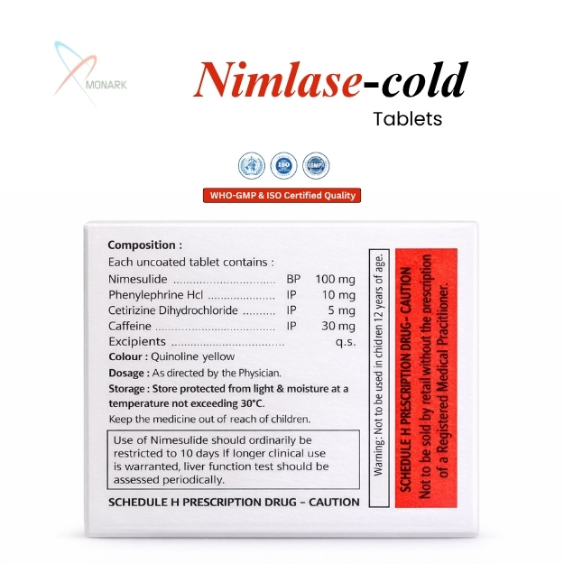 Nimesulide 100mg + Phenylephrine Hydrochloride 10mg + Cetirizine Dihydrochloride 5mg + Caffeine 30mg Tablet - Brand Name: Nimlase-cold
