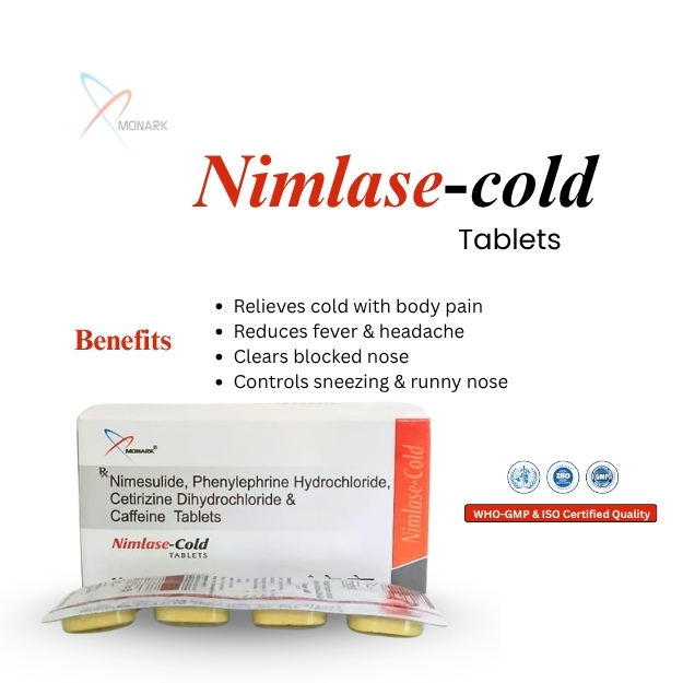Nimesulide 100mg + Phenylephrine Hydrochloride 10mg + Cetirizine Dihydrochloride 5mg + Caffeine 30mg Tablet - Brand Name: Nimlase-cold
