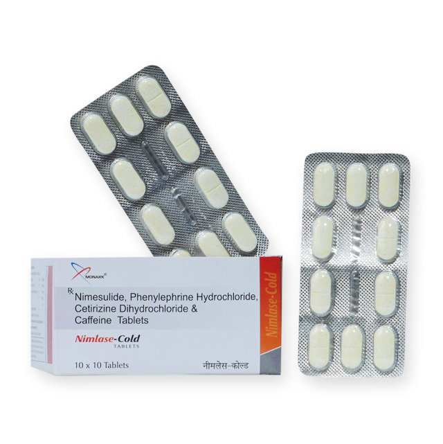 Nimesulide 100mg + Phenylephrine Hydrochloride 10mg + Cetirizine Dihydrochloride 5mg + Caffeine 30mg Tablet - Brand Name: Nimlase-cold
