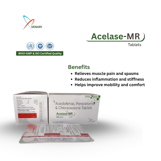 Aceclofenac 100mg + Paracetamol 325mg + Chlorzoxazone 250mg Tablet - Brand Name: Acelase-mr