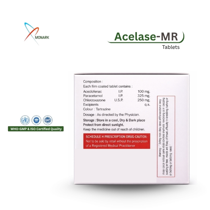 Aceclofenac 100mg + Paracetamol 325mg + Chlorzoxazone 250mg Tablet - Brand Name: Acelase-mr
