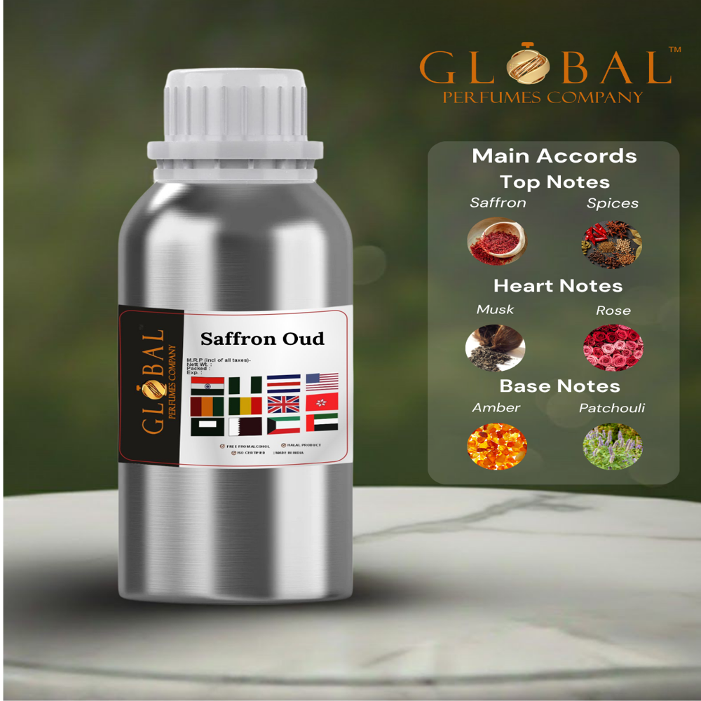 Saffron Oud Attar Perfume Oil - 1 Kg Aluminum Bottle, Alcohol-Free Oil-Based, Oudh Woody Fragrance for Men