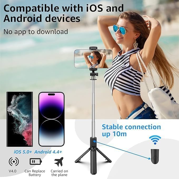 Selfie Stick R1-L with Tripod Stand, Wireless Remote, Extendable, Black, Portable