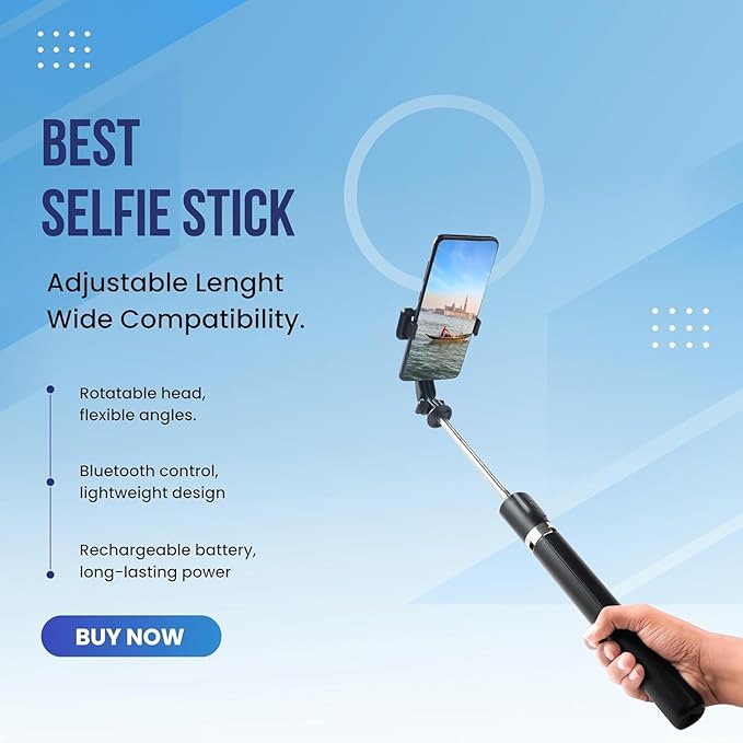 Selfie Stick R1-L with Tripod Stand, Wireless Remote, Extendable, Black, Portable