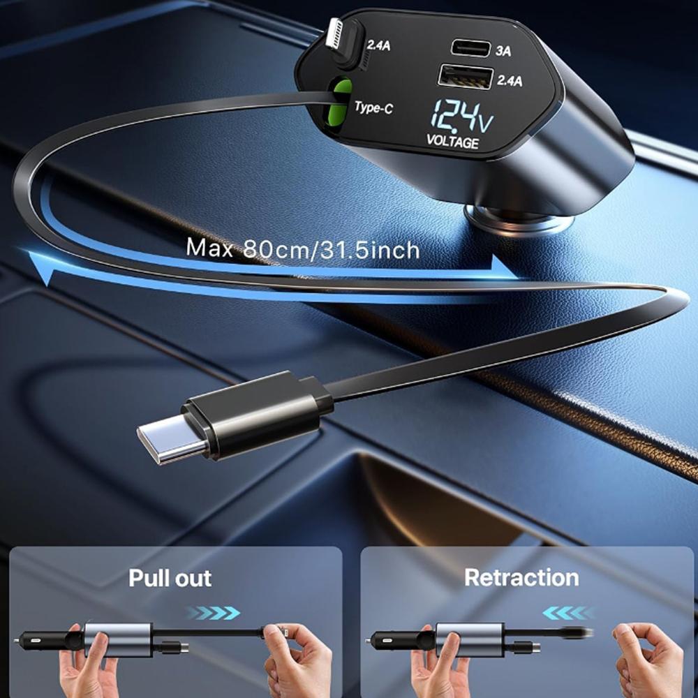 4 in 1 Super Fast Car Charger with Dual Built In Cables, Dual USB Ports,