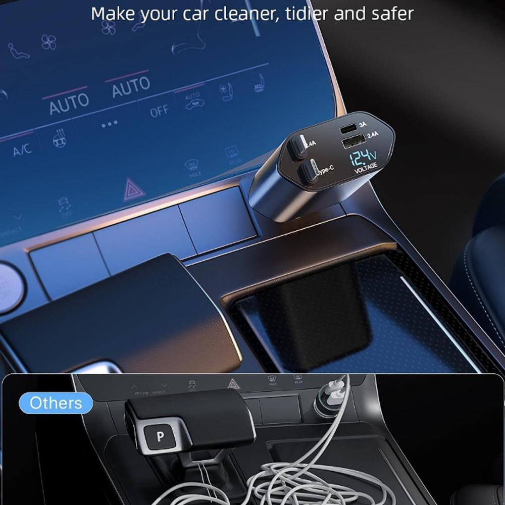 4 in 1 Super Fast Car Charger with Dual Built In Cables, Dual USB Ports,