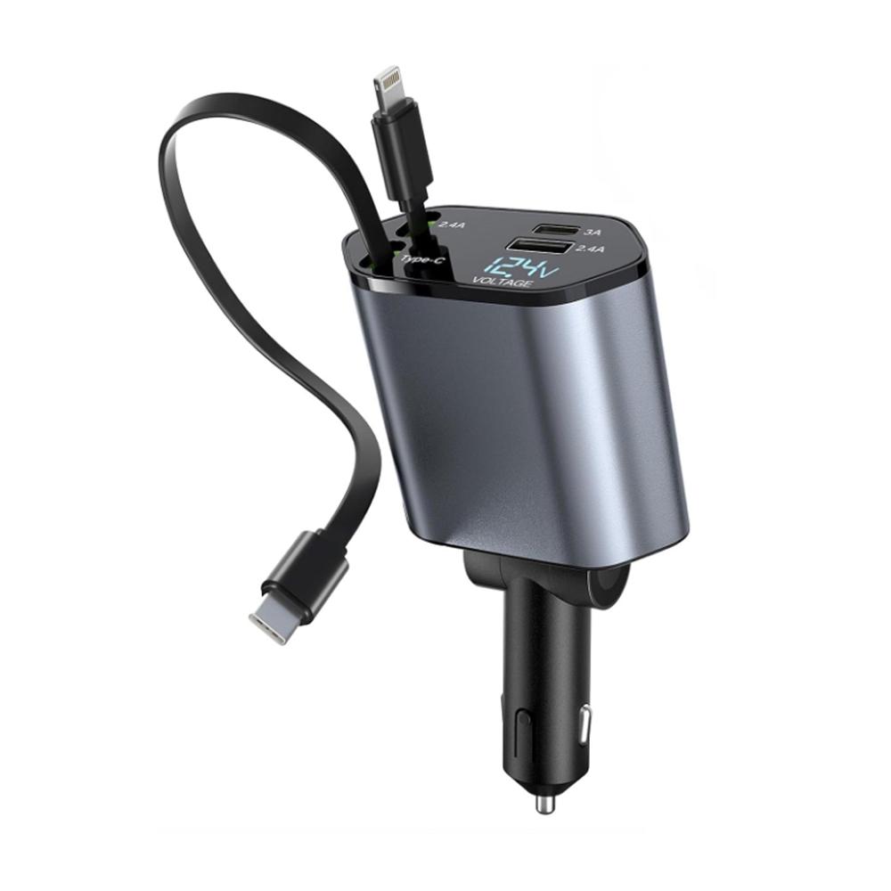 4 in 1 Super Fast Car Charger with Dual Built In Cables, Dual USB Ports,