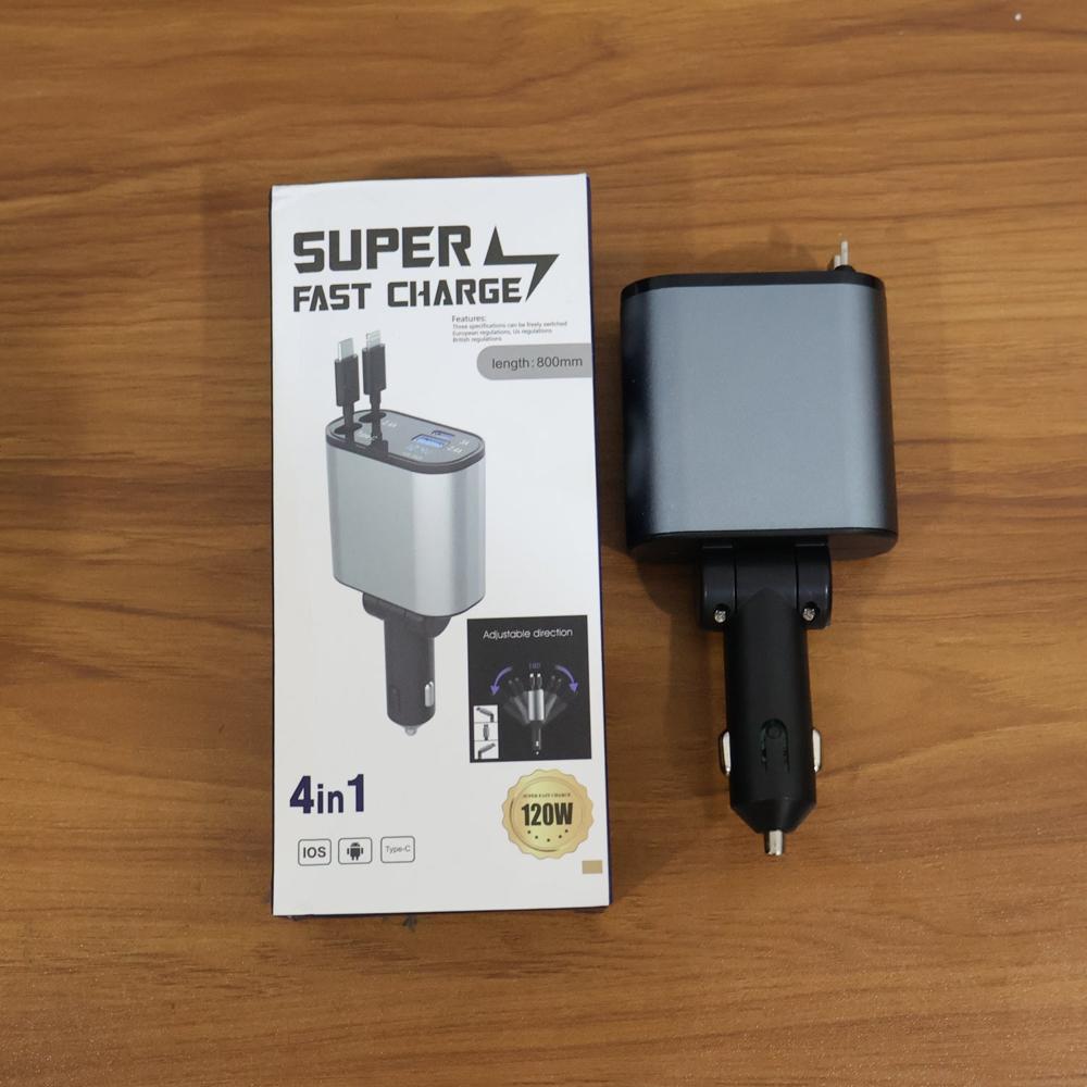 4 in 1 Super Fast Car Charger with Dual Built In Cables, Dual USB Ports,