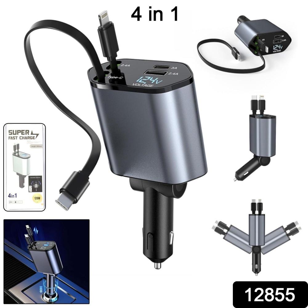 4 in 1 Super Fast Car Charger with Dual Built In Cables, Dual USB Ports,