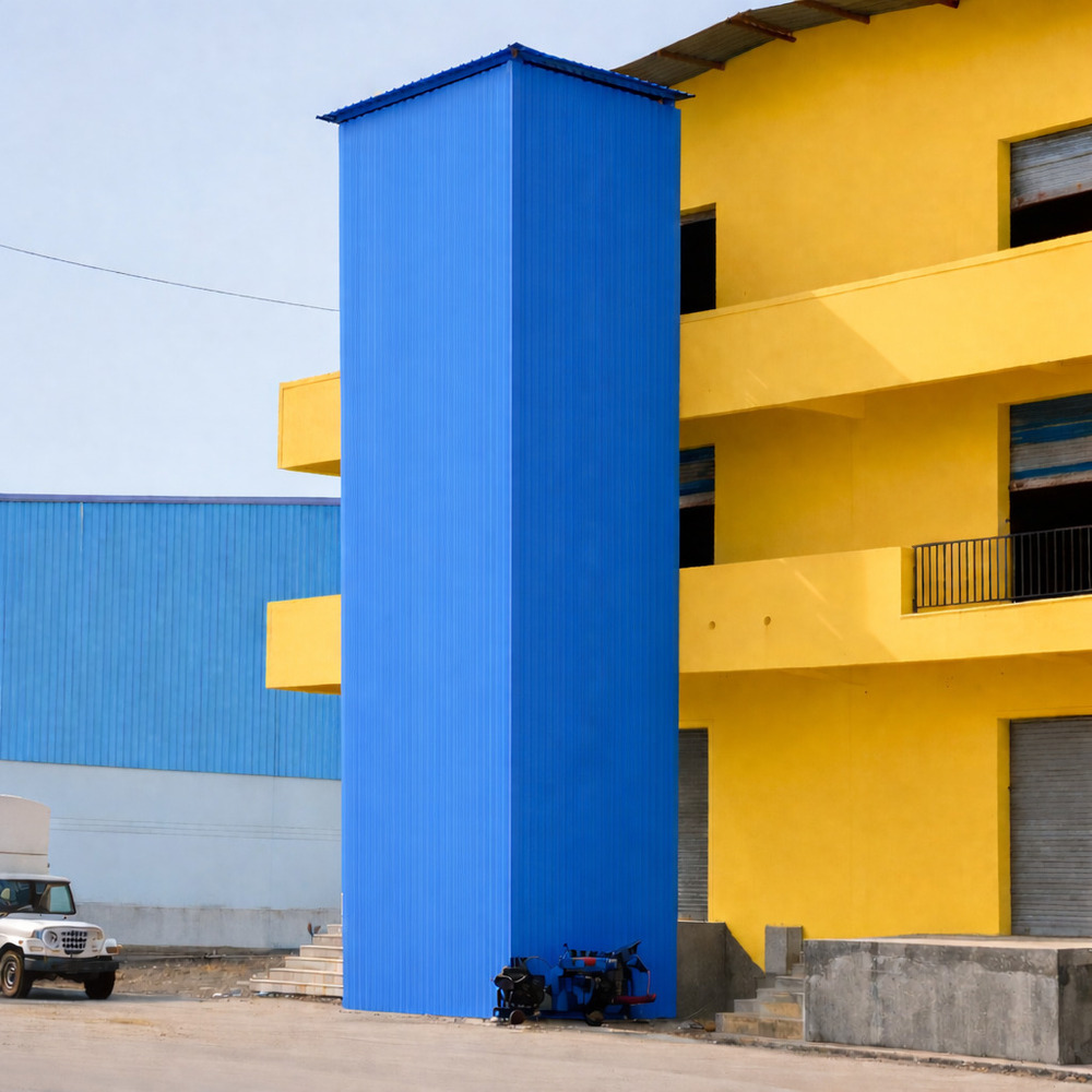 Blue Elevator And Yellow Building Exterior