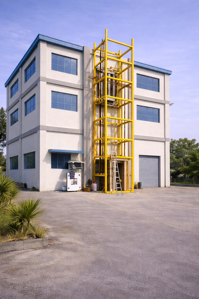 Modern Building With Yellow Elevator Structure