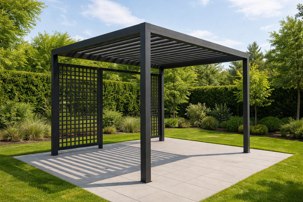 Modern Pergola In Landscaped Backyard