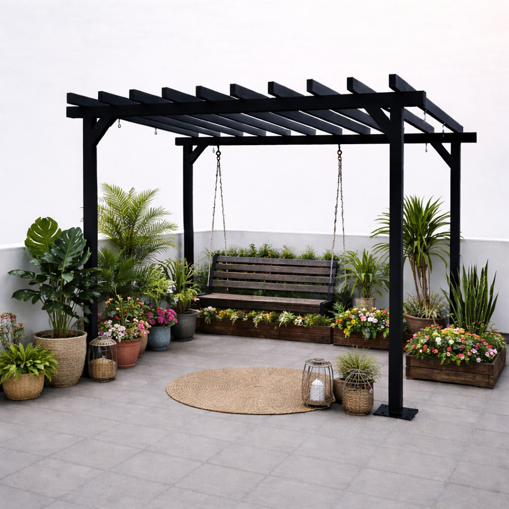 Rooftop Garden With Black Pergola Swing