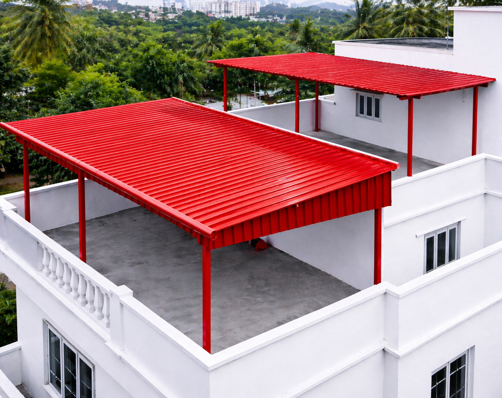 Rooftop Terrace With Red Corrugated Awnings
