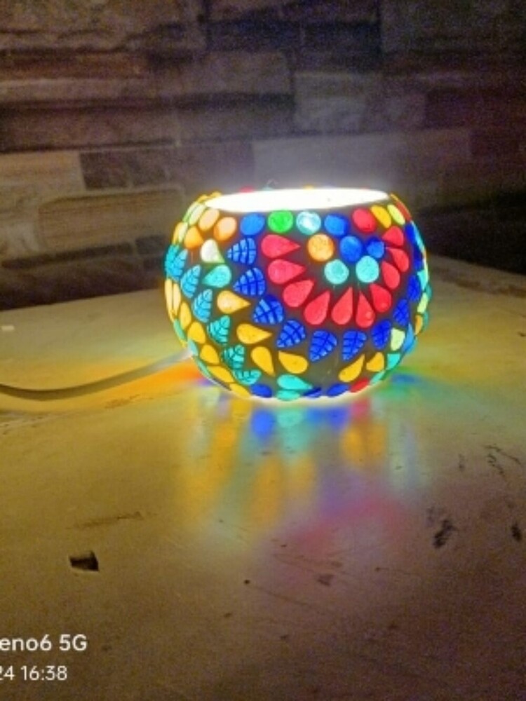 Oil Diffuser - Glass, 3 Inch | Handmade Mosaic, Traditional Round Shape, Multi-color Design, Fluorescent Light Source, Electric Powered