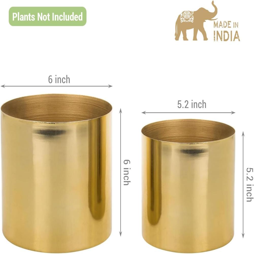 Round Handmade Shiny Brass Tone Metal Plant Pot Covers, Decorative Indoor Tabletop Houseplant Planter