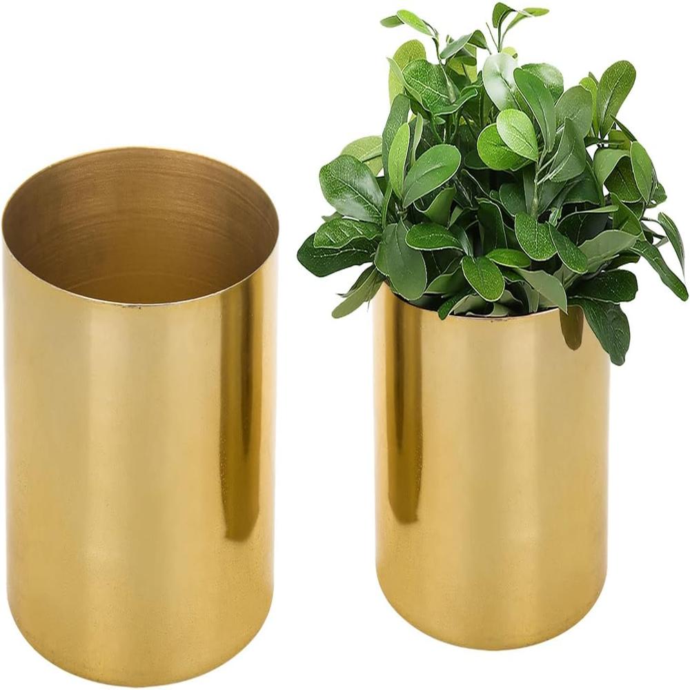 Round Handmade Shiny Brass Tone Metal Plant Pot Covers, Decorative Indoor Tabletop Houseplant Planter