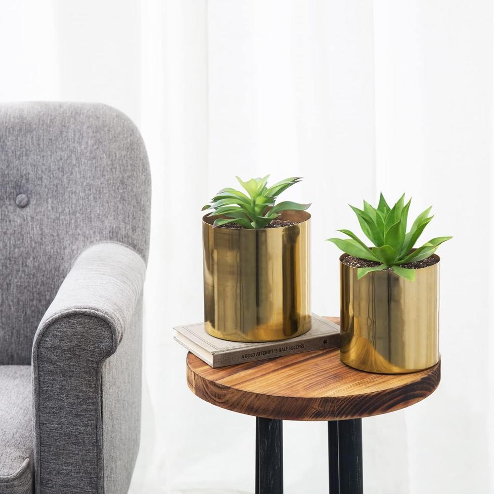 Round Handmade Shiny Brass Tone Metal Plant Pot Covers, Decorative Indoor Tabletop Houseplant Planter
