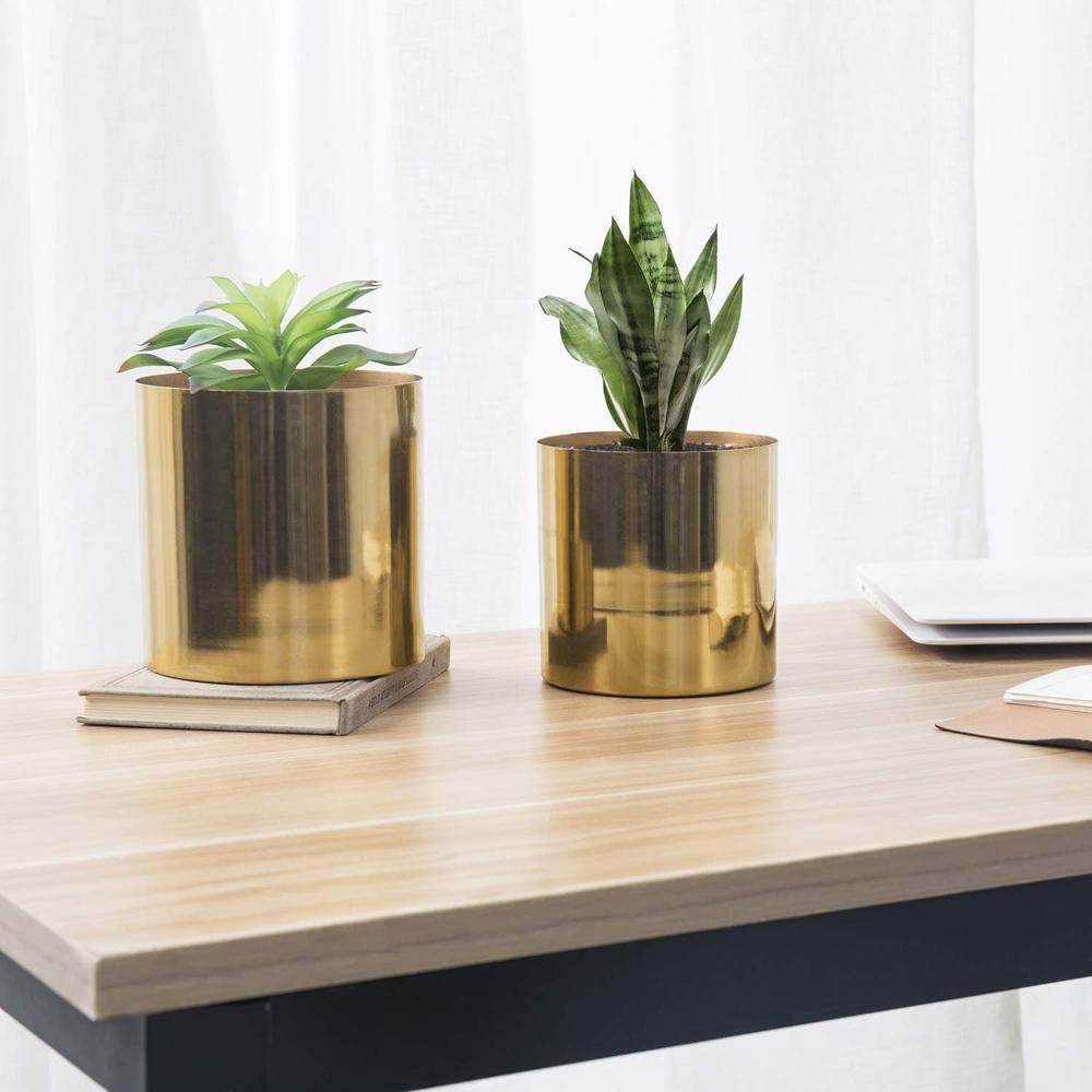 Round Handmade Shiny Brass Tone Metal Plant Pot Covers, Decorative Indoor Tabletop Houseplant Planter