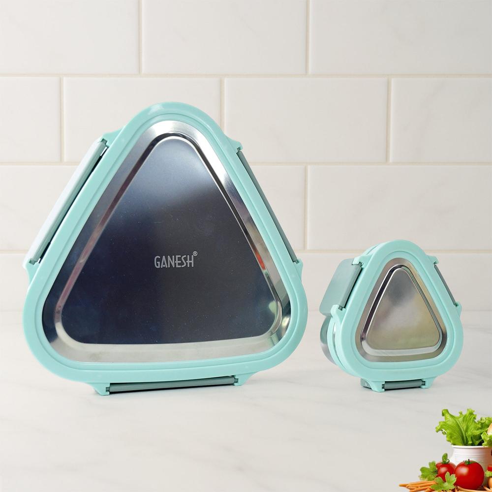Ganesh Trinity 2 Piece Stainless Steel Triangle Lunch Box Set - Color: Mix