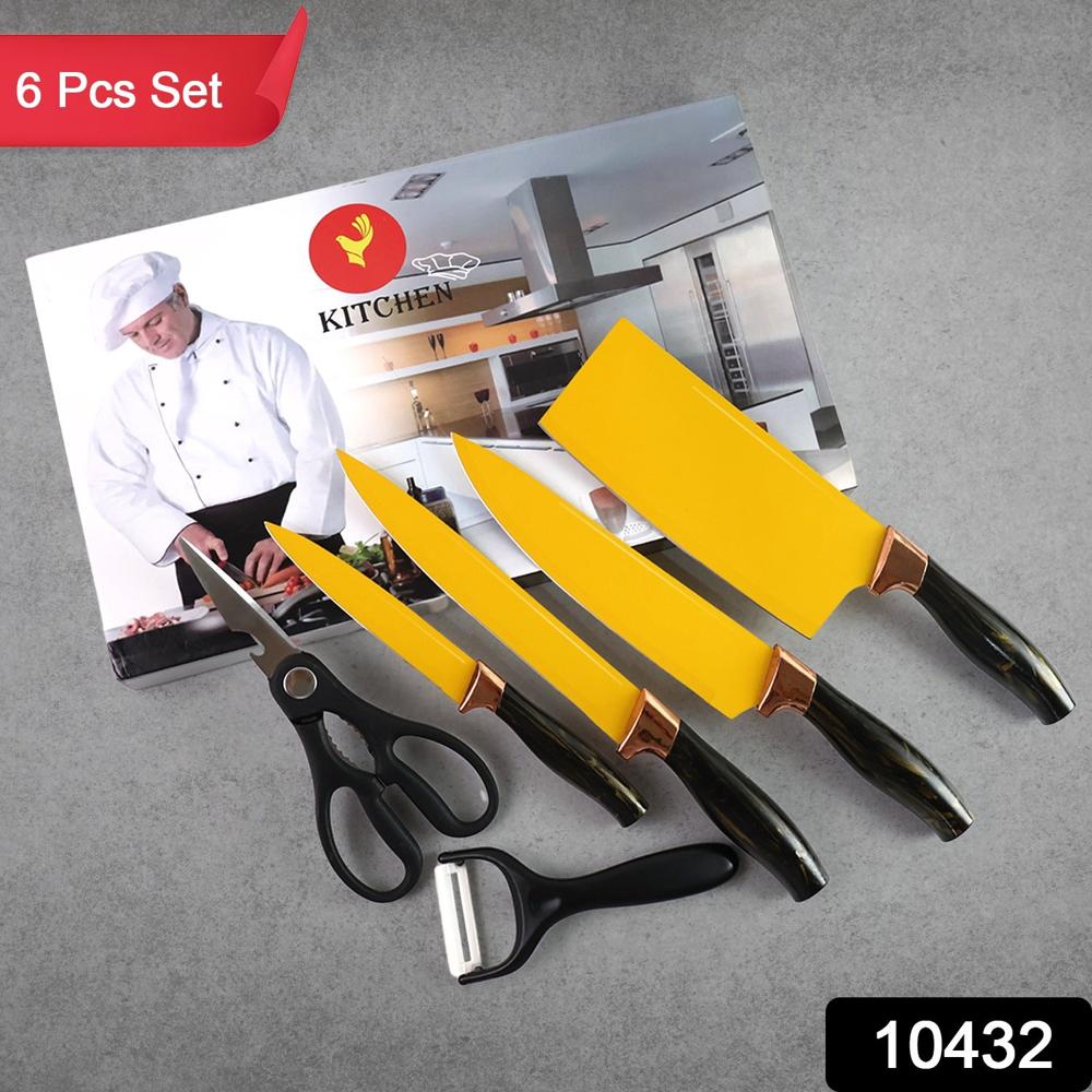6 Pcs Professional Kitchen Knife Set With Chef Knives, Cleaver, Peeler, Scissors - Color: Mix