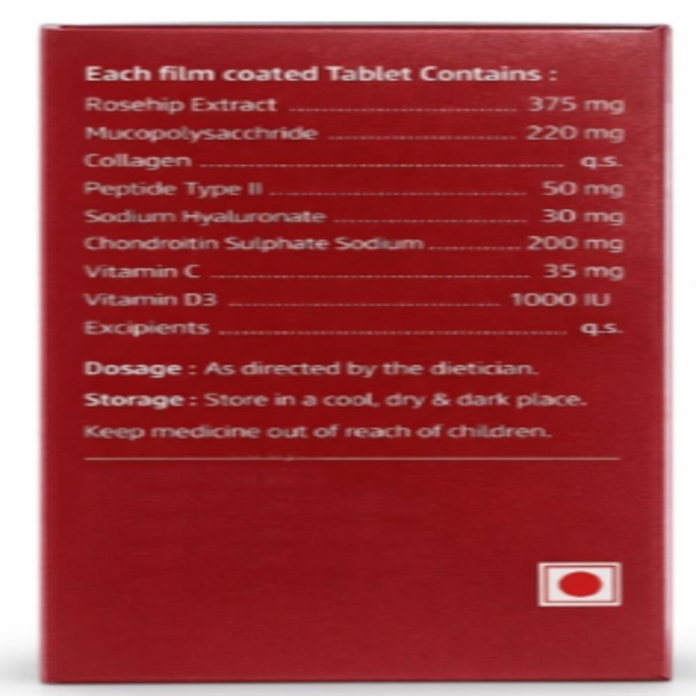 Rosehip Extract 375mg + Mucopolysacchride 220mg + Collagen Peptide Type II 50mg + Sodium Hualuronate 30mg + Chondroitin Sulhpate Sodium 200mg + Vitamin C 35mg + Vitamin D3 1000IU (FOOD)