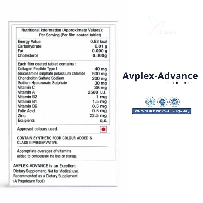 Glucosamine, Chondroitin, Hyaluronic Acid, Vitamins & Zinc Tablet for joint health, cartilage support, and improved mobility.