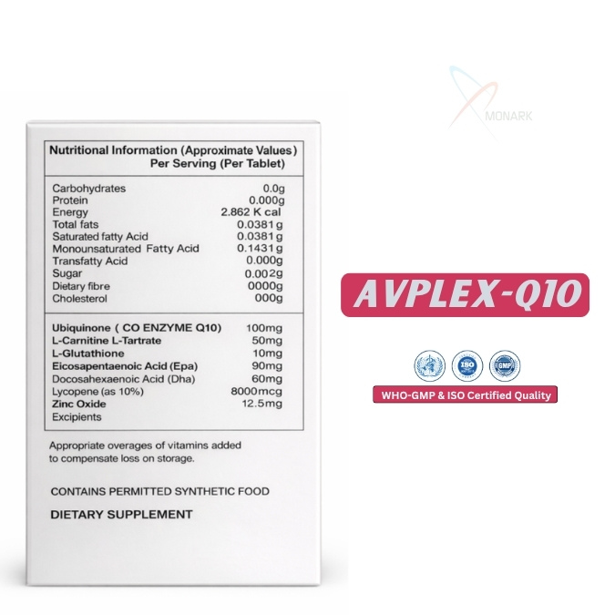 Ubidecarenone ( Co Enzyme Q10)100mg + L-carnitine Ltartrate 50mg + L-glutathione 10mg + Eicosapentaenoic Acid (Epa) 90mg + Docosahexaenoic Acid (Dha) 60mg + Lycopene (As 10% ) 8000mcg + Zinc 12.5mg Tablet (Food) - Brand Name: Avplex-q10