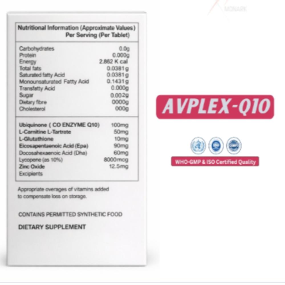 Ubidecarenone ( Co Enzyme Q10)100mg + L-carnitine Ltartrate 50mg + L-glutathione 10mg + Eicosapentaenoic Acid (Epa) 90mg + Docosahexaenoic Acid (Dha) 60mg + Lycopene (as 10% ) 8000mcg + Zinc 12.5mg TABLET (FOOD)
