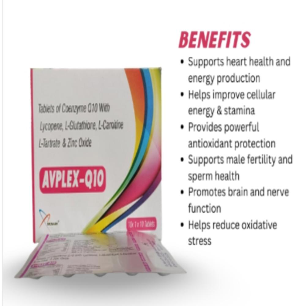 Ubidecarenone ( Co Enzyme Q10)100mg + L-carnitine Ltartrate 50mg + L-glutathione 10mg + Eicosapentaenoic Acid (Epa) 90mg + Docosahexaenoic Acid (Dha) 60mg + Lycopene (As 10% ) 8000mcg + Zinc 12.5mg Tablet (Food) - Brand Name: Avplex-q10