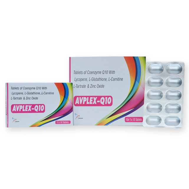 Ubidecarenone ( Co Enzyme Q10)100mg + L-carnitine Ltartrate 50mg + L-glutathione 10mg + Eicosapentaenoic Acid (Epa) 90mg + Docosahexaenoic Acid (Dha) 60mg + Lycopene (As 10% ) 8000mcg + Zinc 12.5mg Tablet (Food) - Brand Name: Avplex-q10