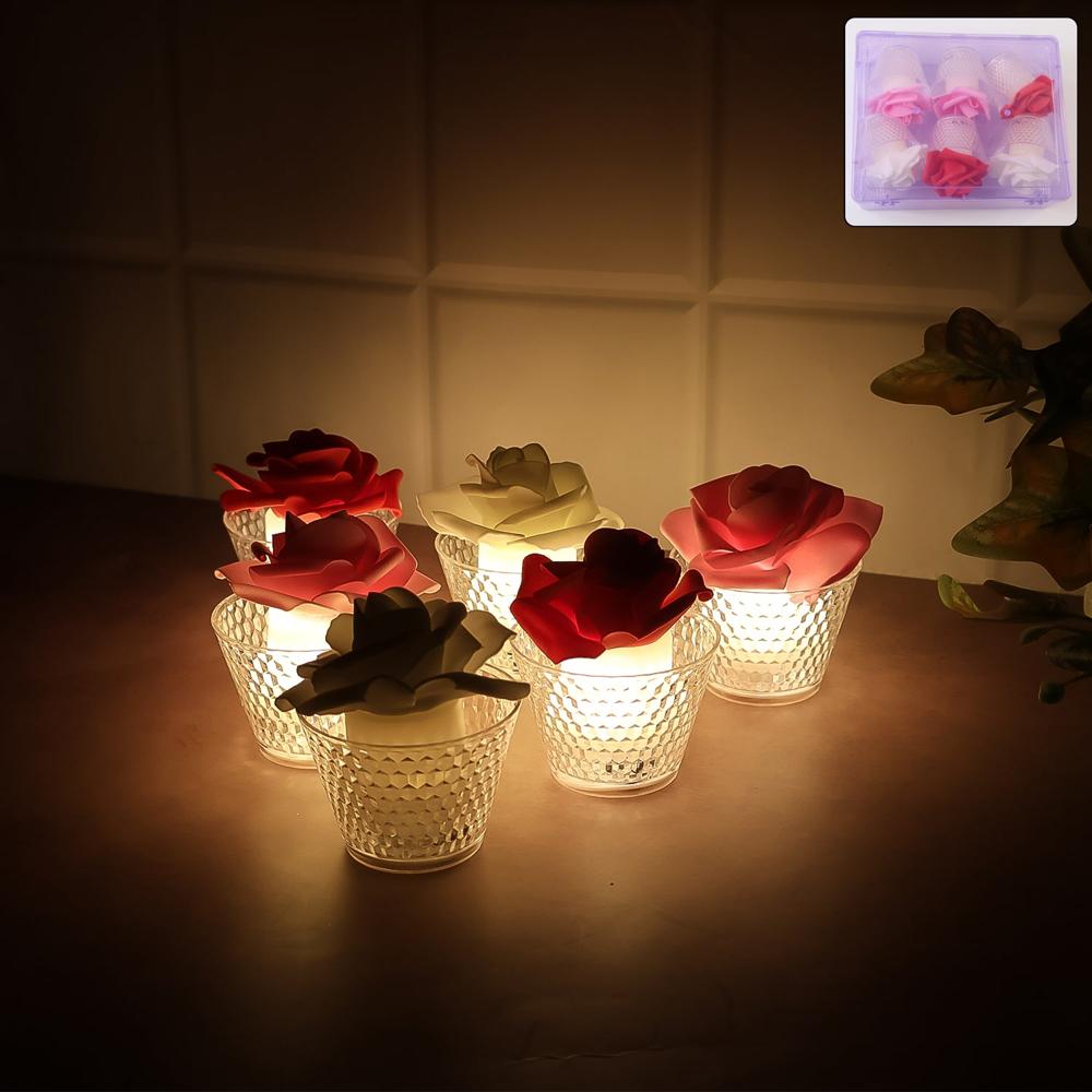 Led Rose Flower Decorative Flameless Tealight Candles (6 Pc / Set) - Color: Mix