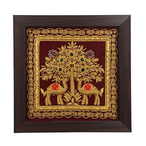 Handcrafted Gold Zardozi Elephant Tree Wall Art