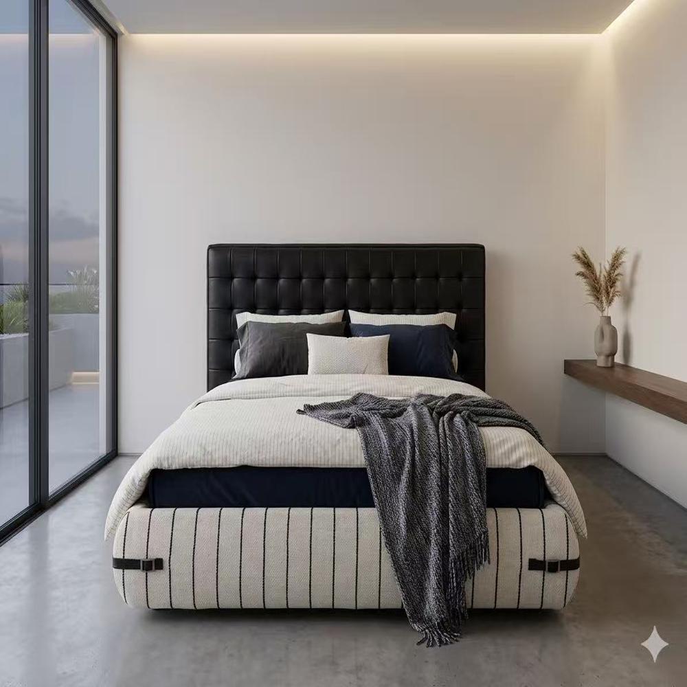 Tufted Leather Headboard Bed, Striped Fabric Platform Bed