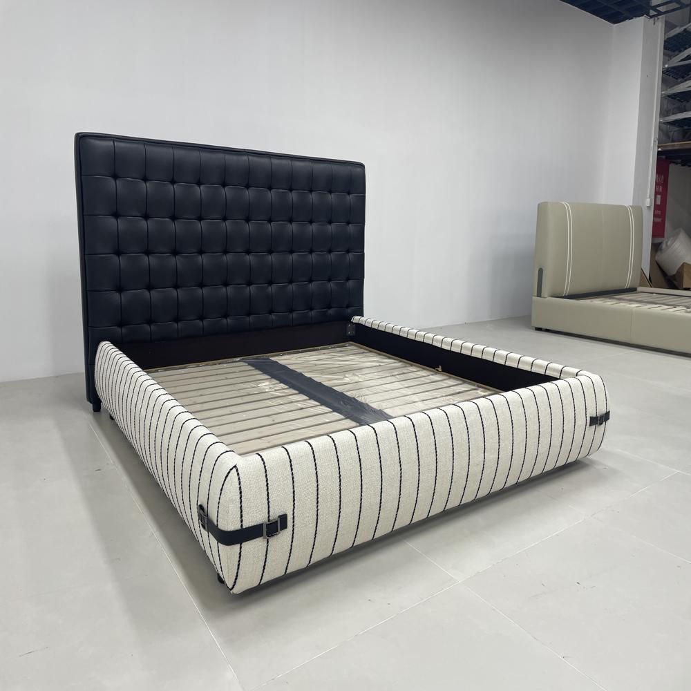 Tufted Leather Headboard Bed, Striped Fabric Platform Bed