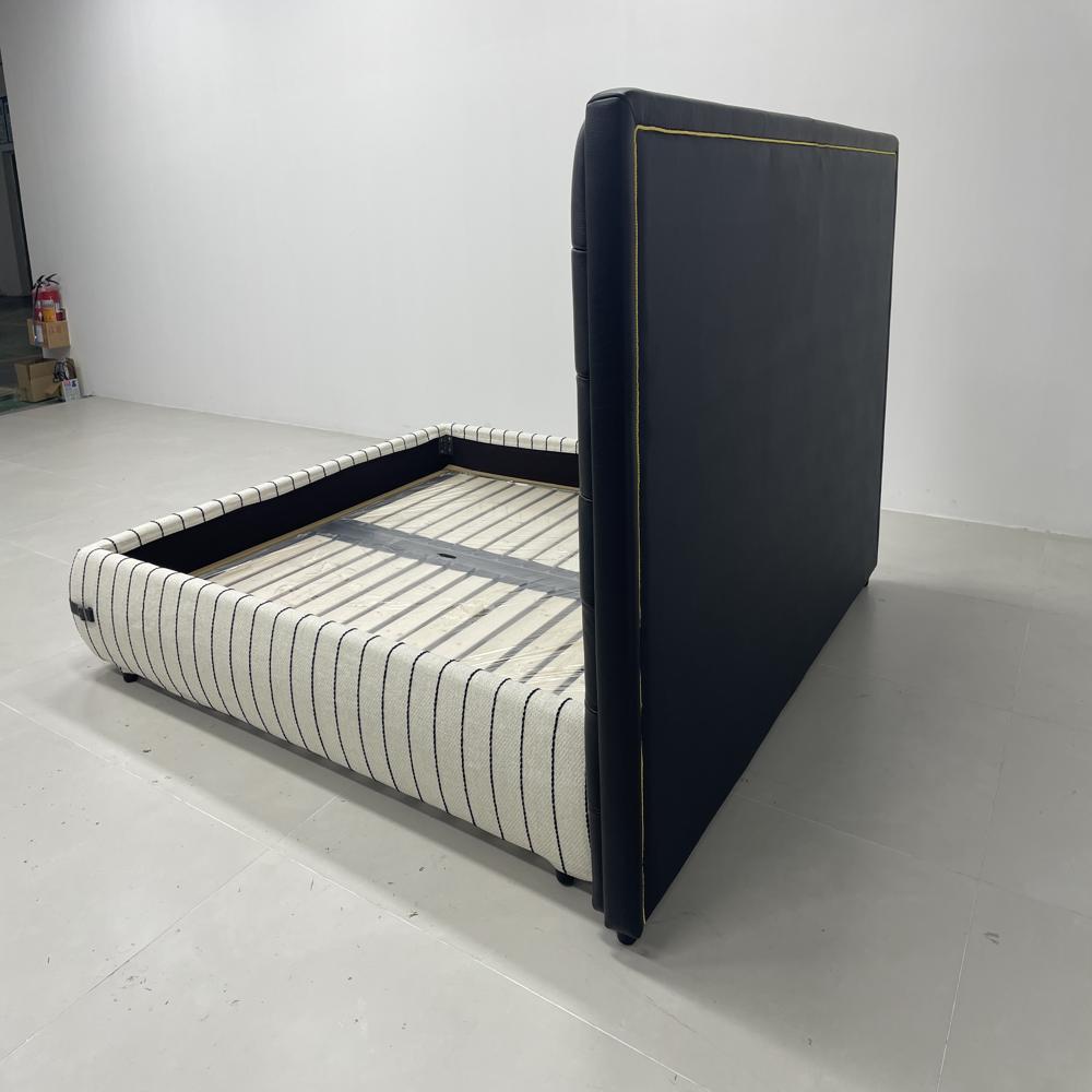 Tufted Leather Headboard Bed, Striped Fabric Platform Bed