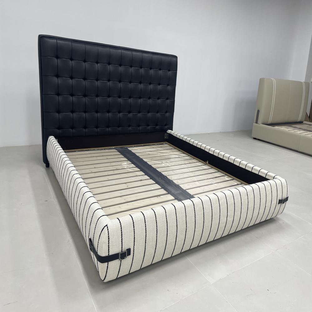 Tufted Leather Headboard Bed, Striped Fabric Platform Bed