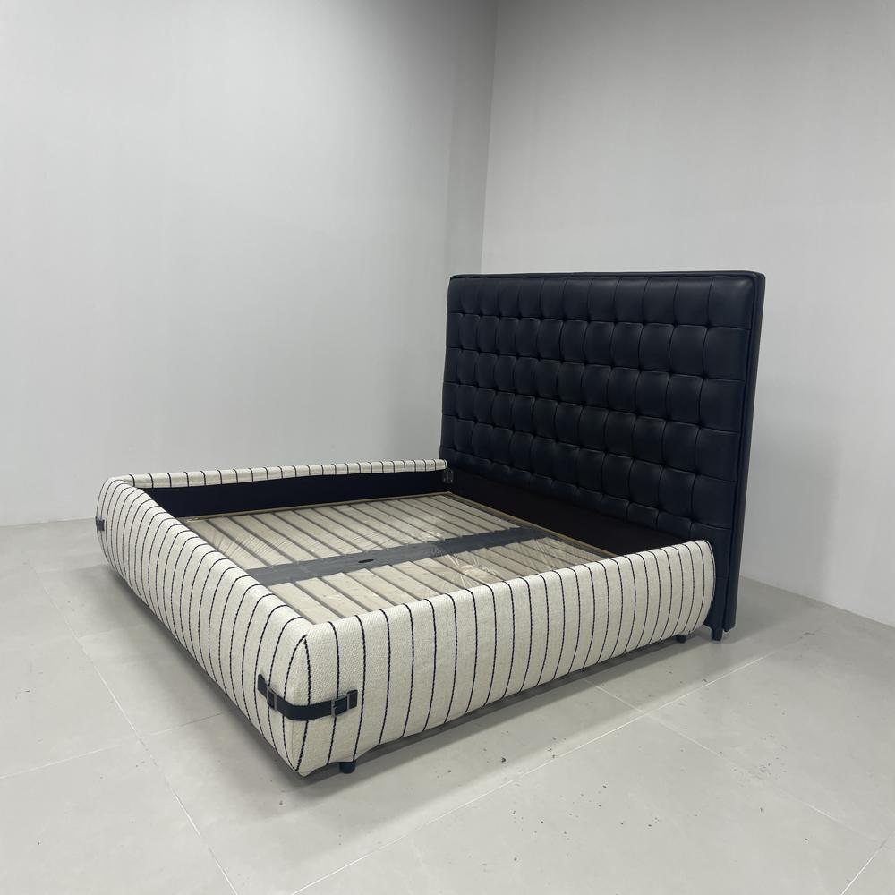 Tufted Leather Headboard Bed, Striped Fabric Platform Bed