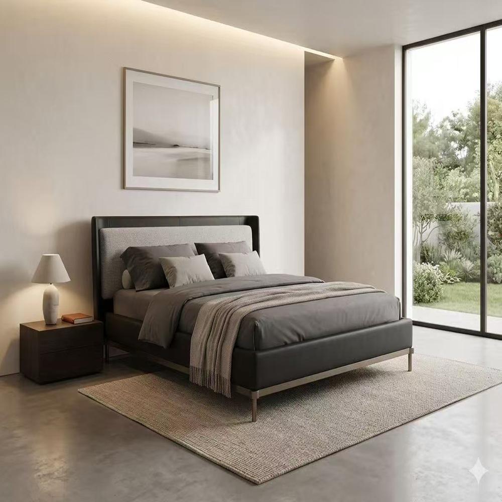 Two-Tone Upholstered Bed Frame, Modern Leather & Fabric Platform Bed