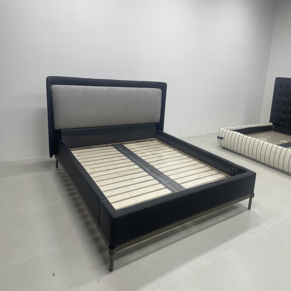 Two-Tone Upholstered Bed Frame, Modern Leather & Fabric Platform Bed