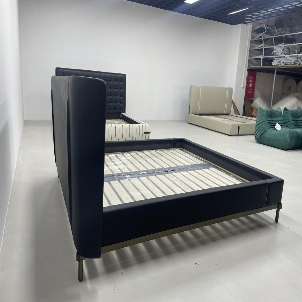 Two-Tone Upholstered Bed Frame, Modern Leather & Fabric Platform Bed