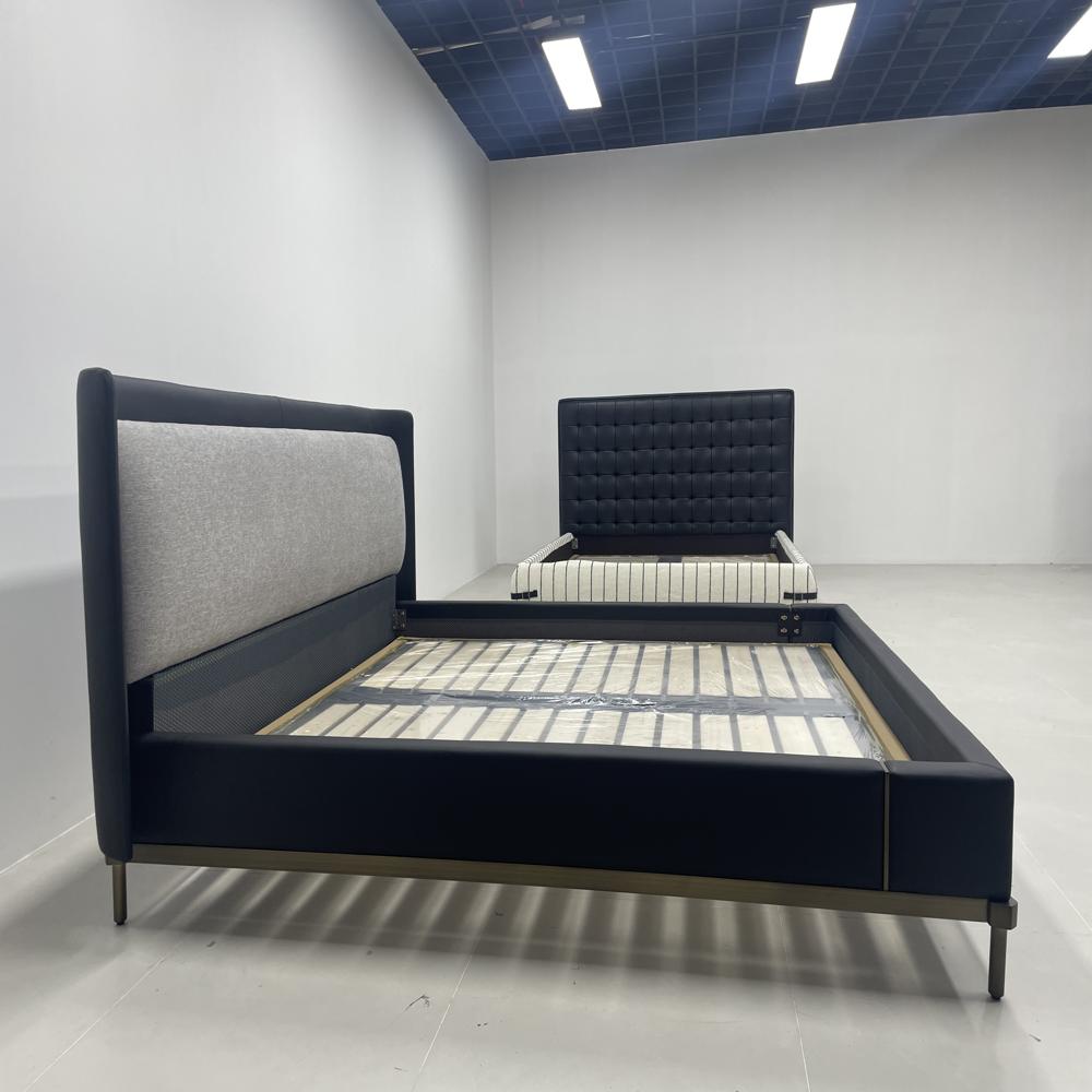 Two-Tone Upholstered Bed Frame, Modern Leather & Fabric Platform Bed