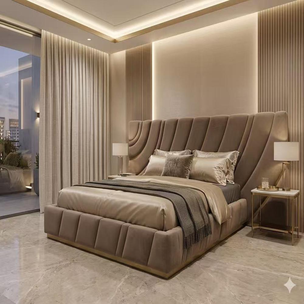 Wave Tufted Velvet Bed Frame, Oversized Headboard Luxury Bed