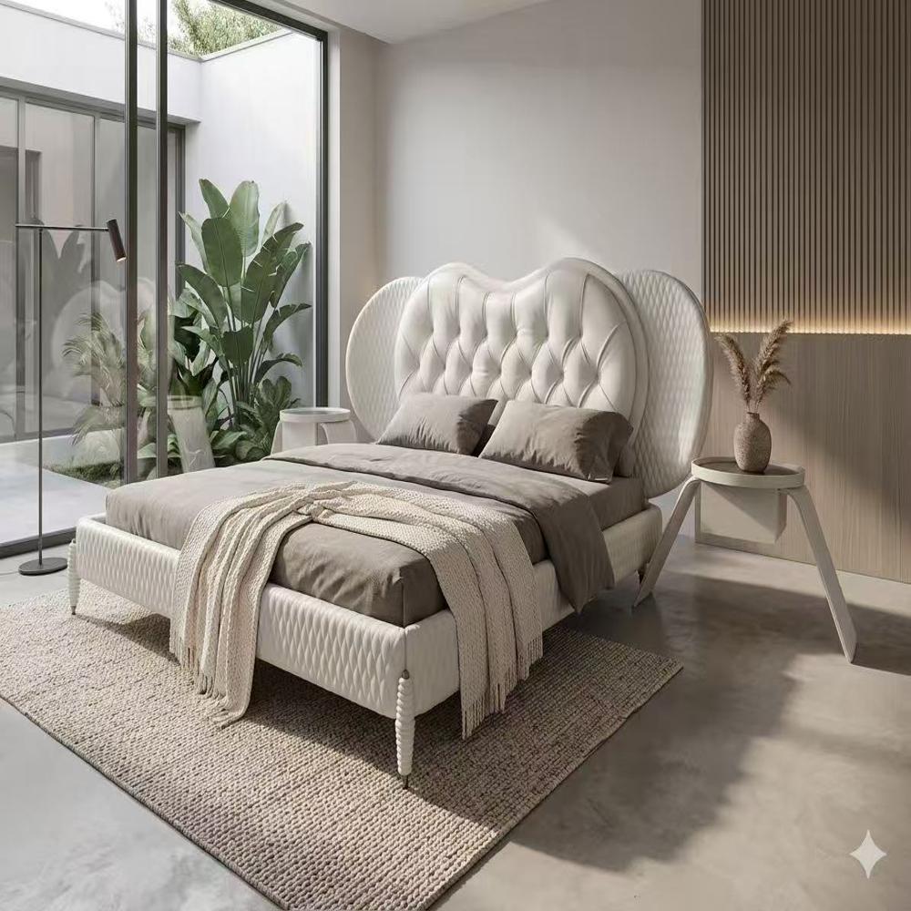 High Headboard Tufted Bed, White Leather Ornate Platform Bed