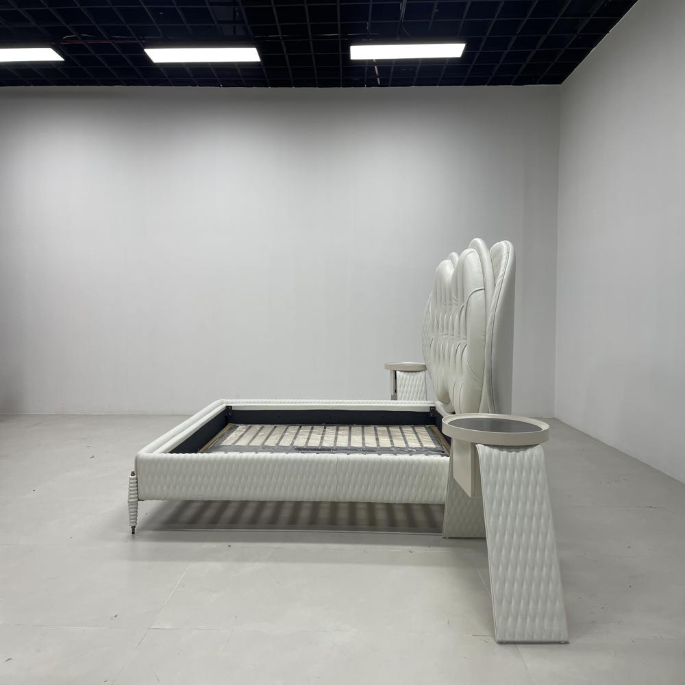 High Headboard Tufted Bed, White Leather Ornate Platform Bed